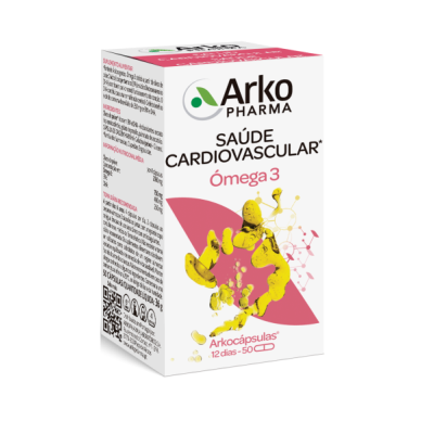 Embalagem do suplemento Arko Pharma Saúde Cardiovascular Ómega 3 com cápsulas amarelas