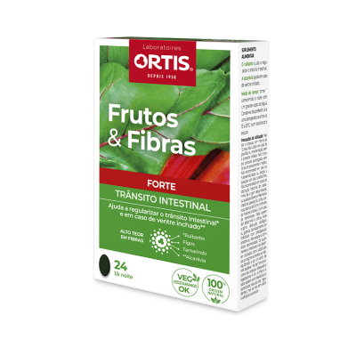 Embalagem branca com detalhes verdes e vermelhos de suplemento alimentar ortis frutos e fibras