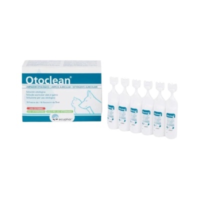 Caixa branca e azul do Otoclean com 18 frascos de 5 ml para limpeza auricular de cães e gatos