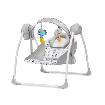 Cadeirinha de bebé cinzenta com baloiço e brinquedos pendurados