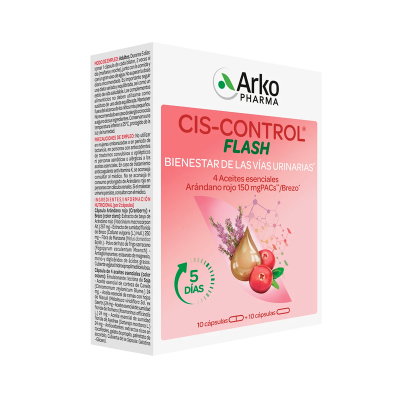 Embalagem do medicamento CIS-CONTROL FLASH Arko Pharma para vias urinárias com texto e imagens de óleos essenciais e arando vermelho