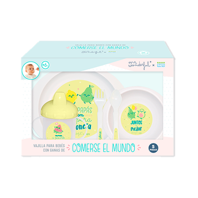 Conjunto de 5 peças para bebé com ilustrações de frutas e texto em espanhol, em embalagem azul clara