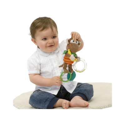 Bebé com brinquedo macaco de tecido castanho e acessórios coloridos