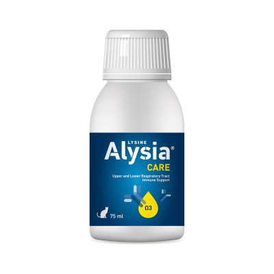 Frasco branco com rótulo azul Alysia CARE para suporte imunitário das vias respiratórias, 75 ml.