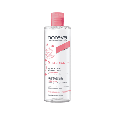 Frasco de água micelar Sensidiane Noreva, 400ml, transparente com tampa rosa