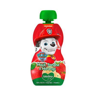 Embalagem de puré de fruta para crianças Blédina com personagem da Patrulha Pata, maçã, banana e morango
