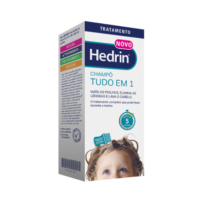 Embalagem de tratamento anti-piolhos Hedrin Champô Tudo em 1 com texto e imagem de criança