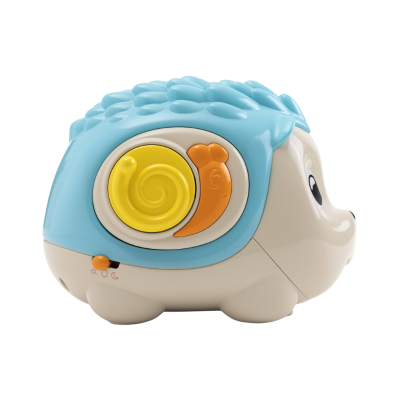 Brinquedo ouriço de plástico azul e bege com elementos amarelo e laranja