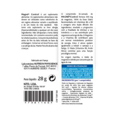 Etiqueta de suplemento alimentar Magné Control com informações de uso e composição
