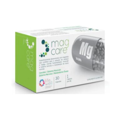 Embalagem branca e verde de suplemento Mag Care com cápsulas de magnésio