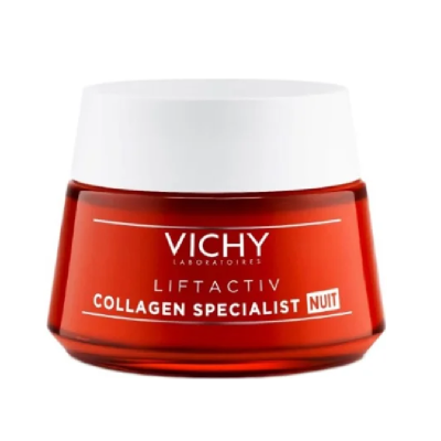 Frasco de creme Vichy Liftactiv Collagen Specialist Nuit vermelho e branco