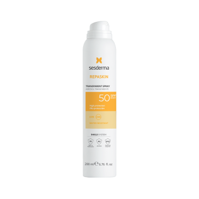 Spray solar Sesderma Repaskin branco com texto laranja e preto