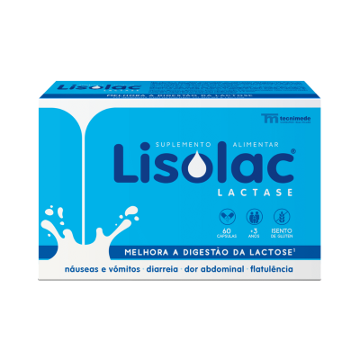 Embalagem de suplemento alimentar Lisolac Lactase azul e branca