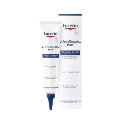 Creme Eucerin UreaRepair PLUS 30% Urea em tubo branco e embalagem com texto azul e preto