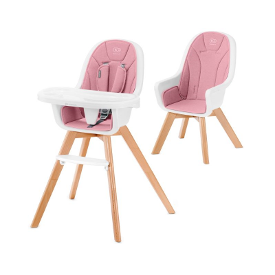 Cadeira alta para bebé rosa com bandeja e cadeira rosa tipo adulto.