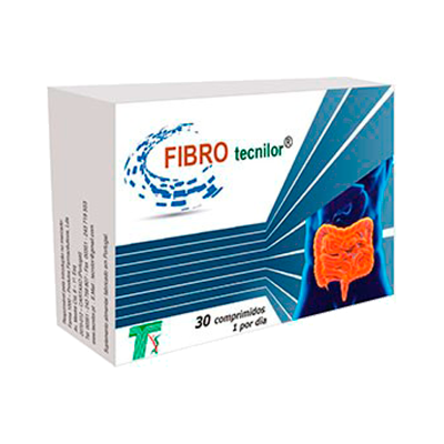 Embalagem de comprimidos FIBRO tecnilor com imagem de intestino laranja