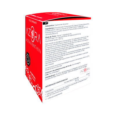 Caixa vermelha e branca de suplemento AZORA Astaxanthin com texto em português