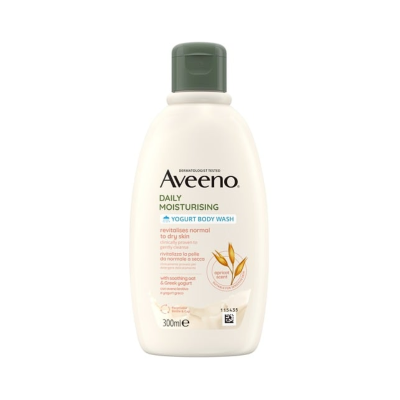 Frasco branco de Aveeno Daily Moisturising Yogurt Body Wash com tampa verde escura