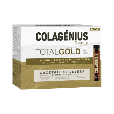 Caixa de suplemento alimentar Colagénius Beauty Total Gold 14 ampolas