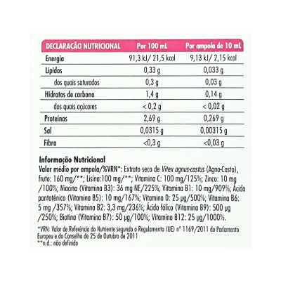 Declaração nutricional em português com tabela e ingredientes de suplemento nutricional