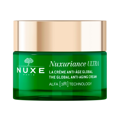 Frasco verde com tampa dourada do creme anti-idade Nuxe Nuxuriance Ultra.