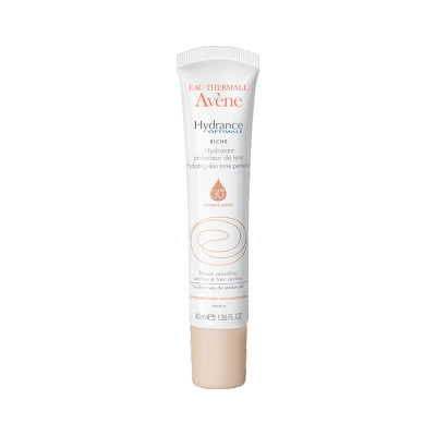 Tubo branco de creme Avène Hydrance Optimale Riche com tampa bege