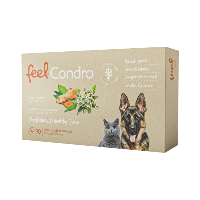 Caixa de comprimidos Feel Condro para cães e gatos, com imagens de cão e gato e texto sobre cuidado articular.