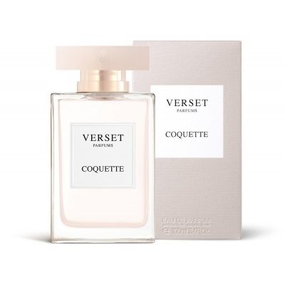 Frasco transparente de perfume Verset Parfums Coquette com embalagem cinzenta clara