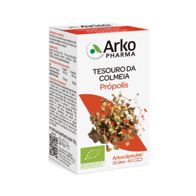 Embalagem suplemento Arko Pharma Tesouro da Colmeia Própolis com certificação orgânica e 40 cápsulas.