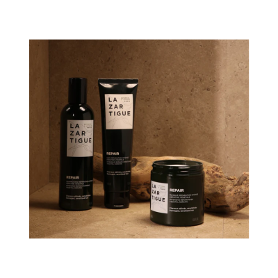 Produtos LAZARTIGUE REPAIR para cabelo danificado em embalagens pretas com etiquetas brancas