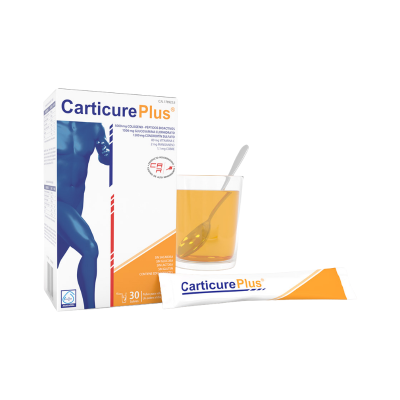 Embalagem de suplemento Carticure Plus com copo de líquido amarelo e colher