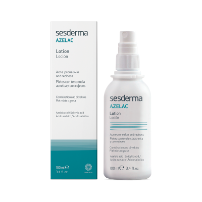 Frasco e caixa branca do Sesderma AZELAC Lotion para pele acneica e com vermelhidão