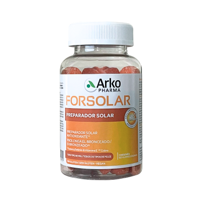 Frasco de suplementos FORSOLAR Arko Pharma com comprimidos vermelhos