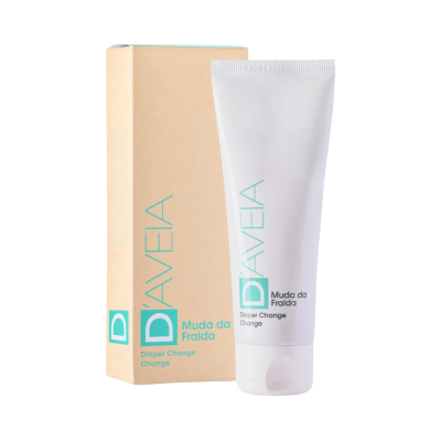 Creme em tubo branco com embalagem de cartão bege do produto DAVEIA Muda da Fralda