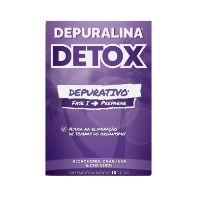 Embalagem roxa do suplemento alimentar DEPURALINA DETOX com 10 sticks