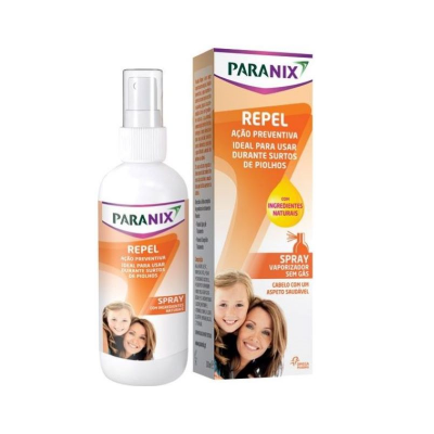 Spray repelente PARANIX com embalagem branca e detalhes em laranja e roxo