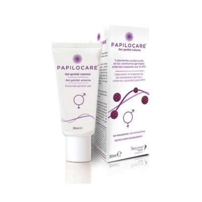 Gel genital externo PAPILOCARE em tubo branco com caixa com texto e design em roxo.