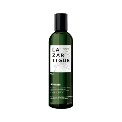 Frasco verde de shampoo LAZARTIGUE Ageless com rótulo branco e texto em inglês e francês.
