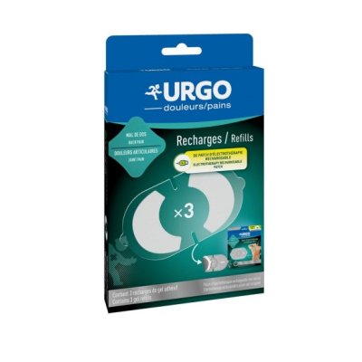 Embalagem azul e verde de recargas URGO para eletroterapia com três gel patches