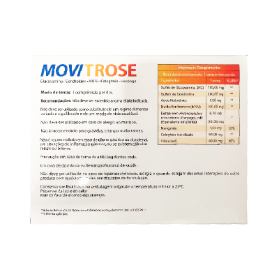 Embalagem branca de comprimidos MOVI TROSE com texto colorido e tabela de ingredientes