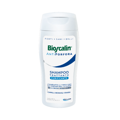 Frasco branco de champô Bioscalin AntiForfora com texto azul e verde.