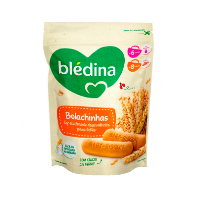 Pacote bege de biscoitos para bebés da blédina com texto e imagens de biscoitos e trigo