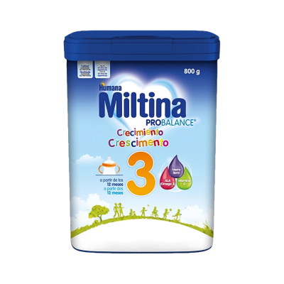 Lata azul de leite infantil Humana Miltina ProBalance para crianças a partir dos 12 meses