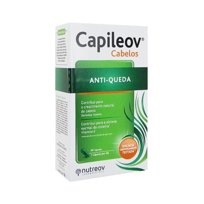 Embalagem de cápsulas Capileov Cabelos Anti-queda branca e verde com informações em português