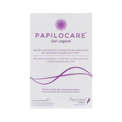 Caixa branca de gel vaginal PAPILOCARE com texto e padrão gráfico roxo