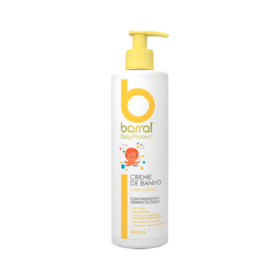Frasco branco com doseador amarelo de creme de banho para bebé Barral BabyProtect