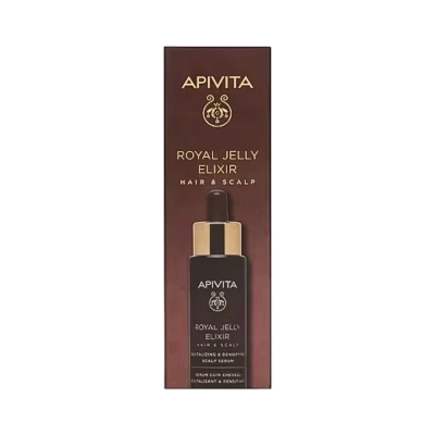 Frasco e caixa castanhos e dourados do Royal Jelly Elixir para cabelo APIVITA