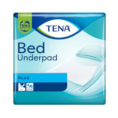 Embalagem do TENA Bed Underpad PLUS, almofada absorvente para cama azul