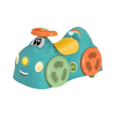 Carrinho de brincar azul com rosto sorridente e rodas coloridas