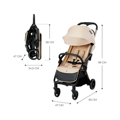 Carrinho de bebé bege com estrutura preta aberto e fechado com dimensões indicadas